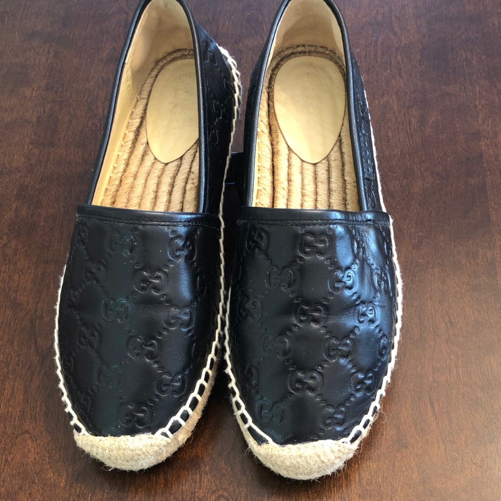 Gucci Black Quilted Logo Espadrille Flats with Jute Trim